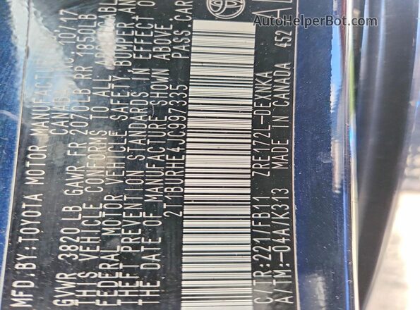 2T1BURHE4JC997335 2018 TOYOTA COROLLA Blue ძრავის განყოფილების ხედი