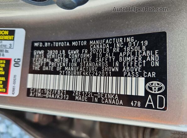 2T1BURHE4KC242011 2019 TOYOTA COROLLA Gray 