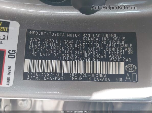 2T1BURHE5GC485852 2016 TOYOTA COROLLA Gray Vista del compartimento del motor