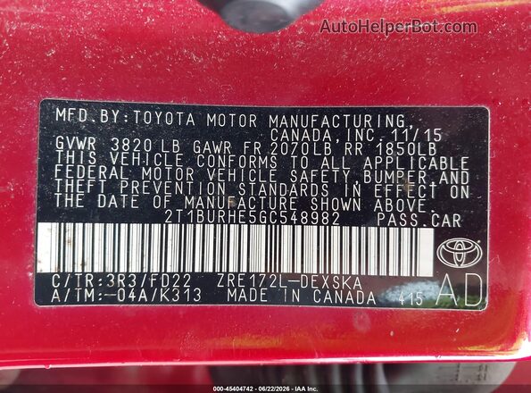 2T1BURHE5GC548982 2016 TOYOTA COROLLA Red Շարժիչի բաժամունքի տեսք