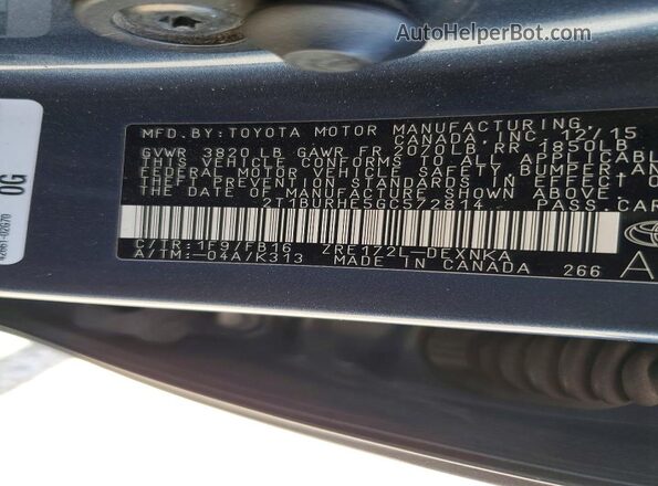 2T1BURHE5GC572814 2016 TOYOTA COROLLA Teal VIN կոդի պիտակի տեսք