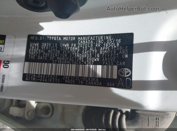 2T1BURHE5GC674307 2016 TOYOTA COROLLA White Շարժիչի բաժամունքի տեսք