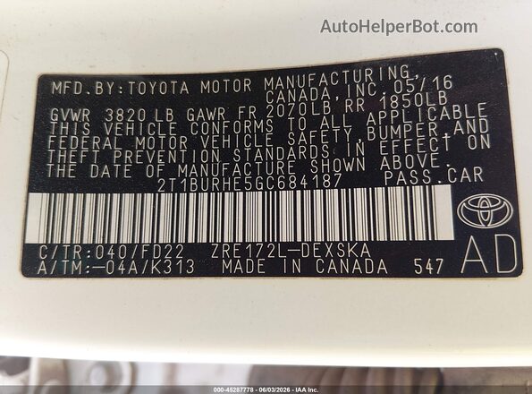 2T1BURHE5GC684187 2016 TOYOTA COROLLA White Vista del compartimento del motor