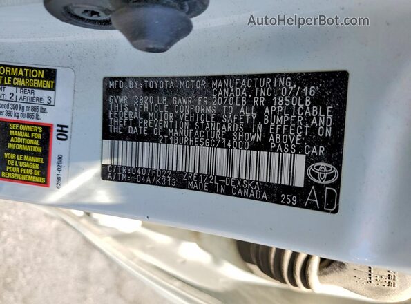 2T1BURHE5GC714000 2016 TOYOTA COROLLA White 