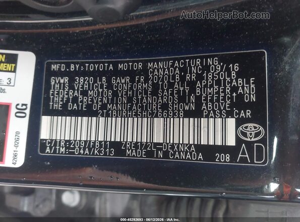 2T1BURHE5HC766938 2017 TOYOTA COROLLA Черный Вид подкапотного пространства