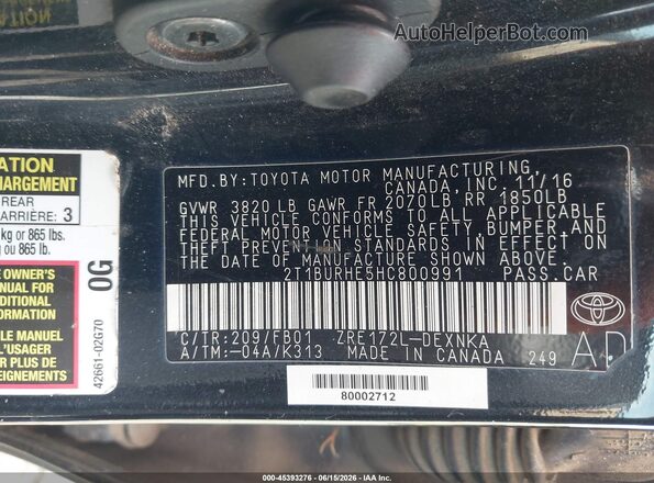 2T1BURHE5HC800991 2017 TOYOTA COROLLA Black 