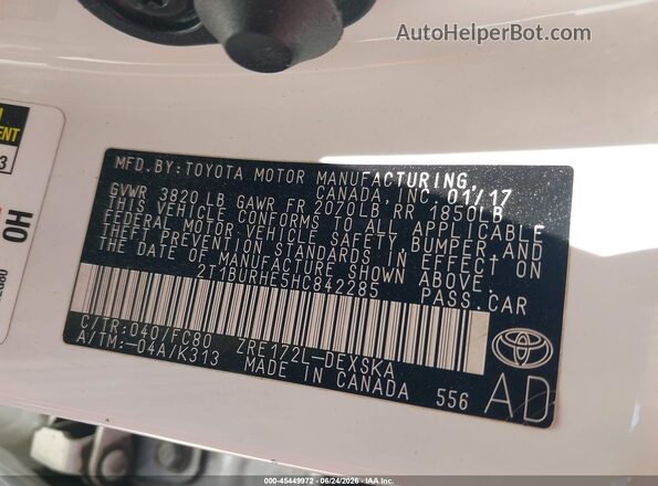 2T1BURHE5HC842285 2017 TOYOTA COROLLA White Вид підкапотного простору