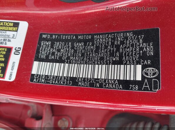 2T1BURHE5HC845512 2017 TOYOTA COROLLA Красный Вид подкапотного пространства