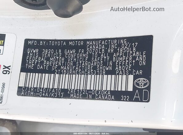 2T1BURHE5HC853108 2017 TOYOTA COROLLA White ძრავის განყოფილების ხედი
