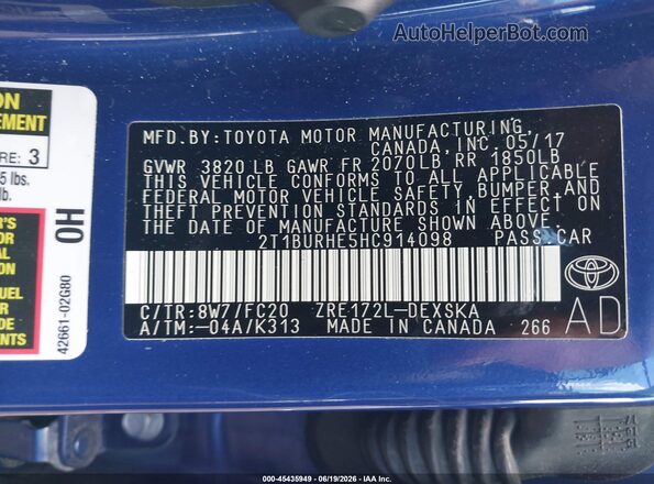 2T1BURHE5HC914098 2017 TOYOTA COROLLA Синий Вид подкапотного пространства