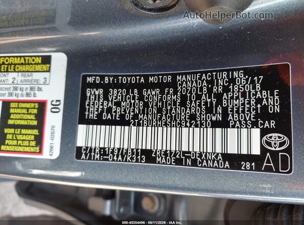 2T1BURHE5HC942130 2017 TOYOTA COROLLA Серый Вид подкапотного пространства