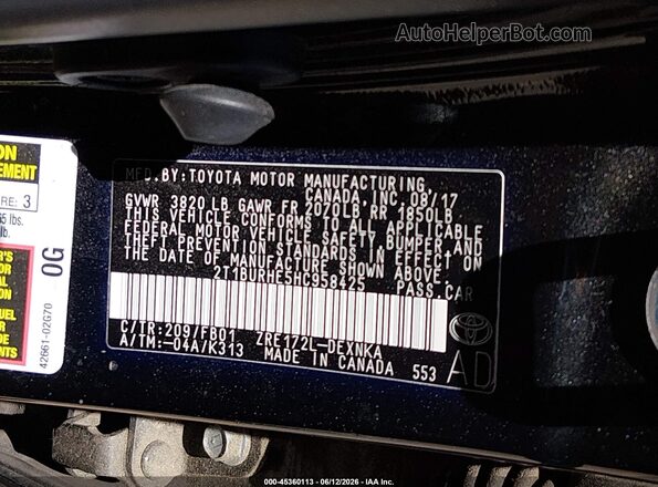 2T1BURHE5HC958425 2017 TOYOTA COROLLA Black Widok komory silnika