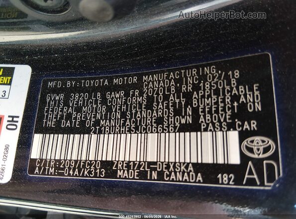 2T1BURHE5JC066567 2018 TOYOTA COROLLA Black ძრავის განყოფილების ხედი