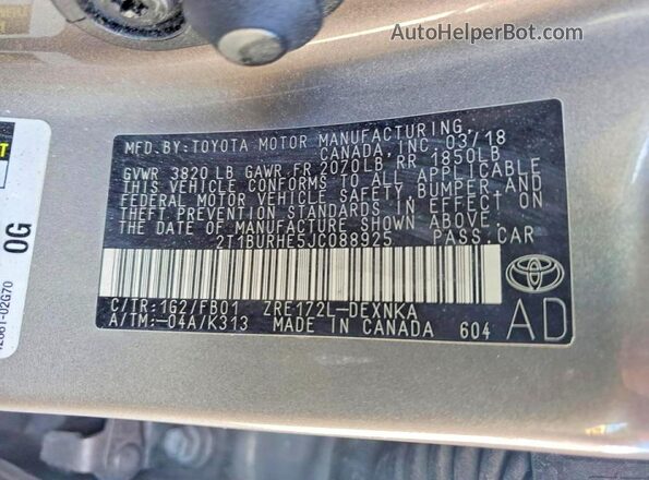 2T1BURHE5JC088925 2018 TOYOTA COROLLA Gray 360 interior view