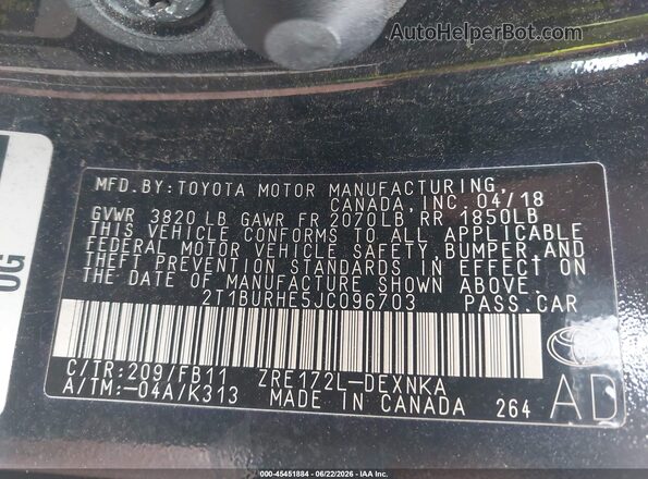 2T1BURHE5JC096703 2018 TOYOTA COROLLA Black Engine compartment view
