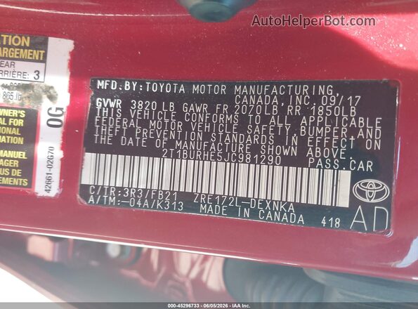 2T1BURHE5JC981290 2018 TOYOTA COROLLA Red Engine compartment view