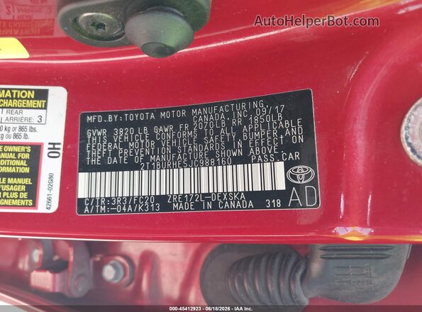 2T1BURHE5JC988160 2018 TOYOTA COROLLA Red ძრავის განყოფილების ხედი