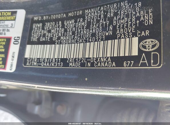 2T1BURHE5KC140121 2019 TOYOTA COROLLA Gray Вид підкапотного простору