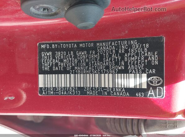 2T1BURHE5KC175967 2019 TOYOTA COROLLA Red Շարժիչի բաժամունքի տեսք