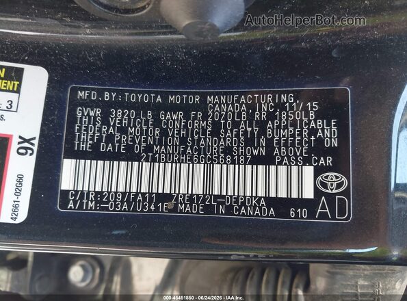 2T1BURHE6GC568187 2016 TOYOTA COROLLA Black Շարժիչի բաժամունքի տեսք