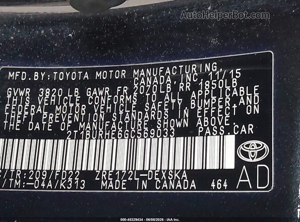 2T1BURHE6GC569033 2016 TOYOTA COROLLA Black Widok komory silnika