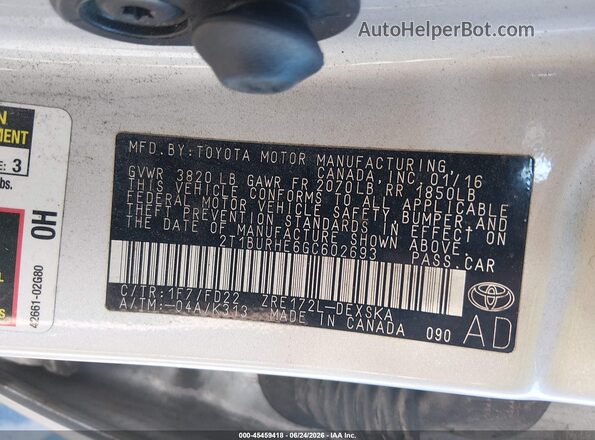 2T1BURHE6GC602693 2016 TOYOTA COROLLA Silver Engine compartment view