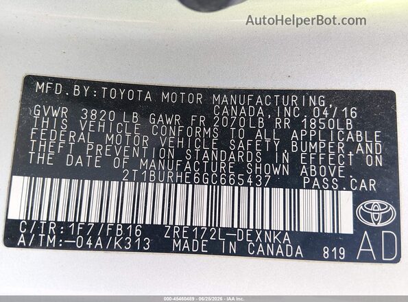 2T1BURHE6GC665437 2016 TOYOTA COROLLA Silver ძრავის განყოფილების ხედი