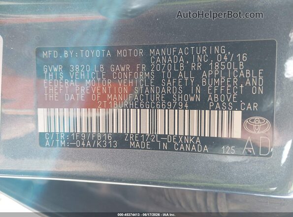 2T1BURHE6GC669794 2016 TOYOTA COROLLA Gray Շարժիչի բաժամունքի տեսք