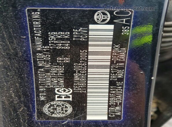 2T1BURHE6GC673005 2016 TOYOTA COROLLA Черный Вид наклейки с VIN-кодом