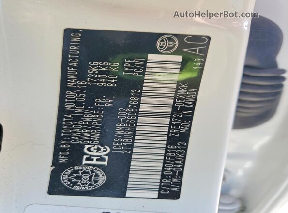 2T1BURHE6GC676812 2016 TOYOTA COROLLA White VIN კოდის სტიკერის ხედი