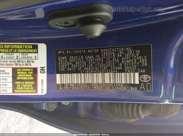 2T1BURHE6GC745644 2016 TOYOTA COROLLA Blue Շարժիչի բաժամունքի տեսք