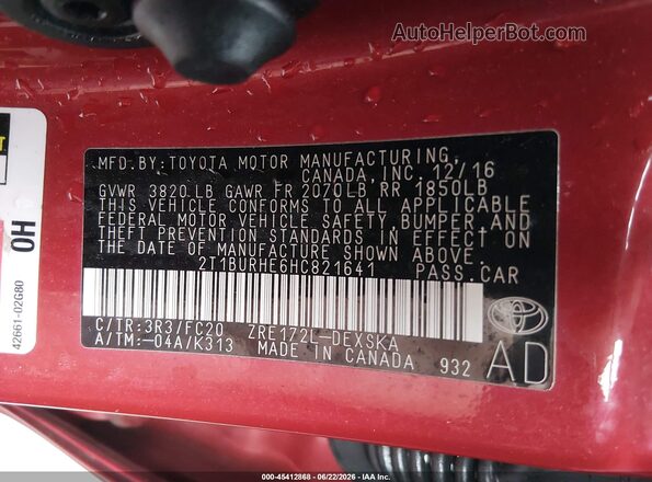2T1BURHE6HC821641 2017 TOYOTA COROLLA Red ძრავის განყოფილების ხედი