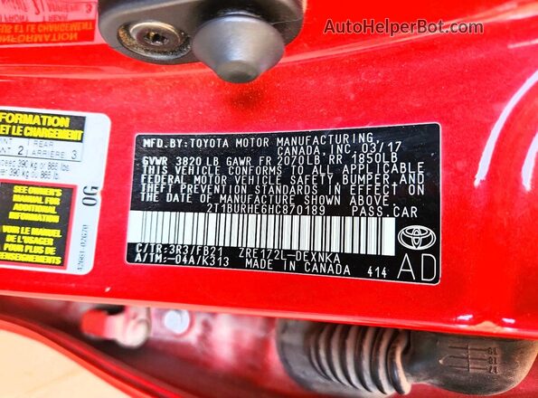2T1BURHE6HC870189 2017 TOYOTA COROLLA Red 