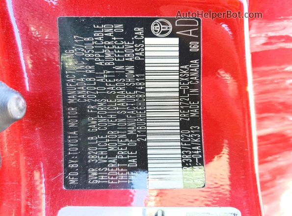 2T1BURHE6HC874811 2017 TOYOTA COROLLA Red Вид наклейки з VIN-кодом