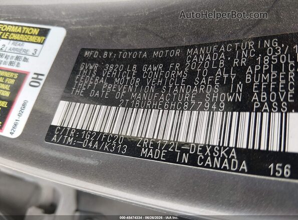 2T1BURHE6HC877949 2017 TOYOTA COROLLA Gray Շարժիչի բաժամունքի տեսք