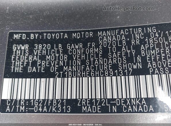 2T1BURHE6HC891317 2017 TOYOTA COROLLA Gray ძრავის განყოფილების ხედი