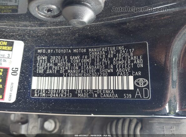 2T1BURHE6HC907290 2017 TOYOTA COROLLA Black Engine compartment view