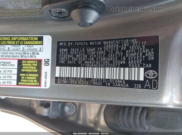 2T1BURHE6HC920072 2017 TOYOTA COROLLA Gray Вид підкапотного простору