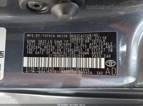 2T1BURHE6JC062947 2018 TOYOTA COROLLA Dark Blue Вид подкапотного пространства
