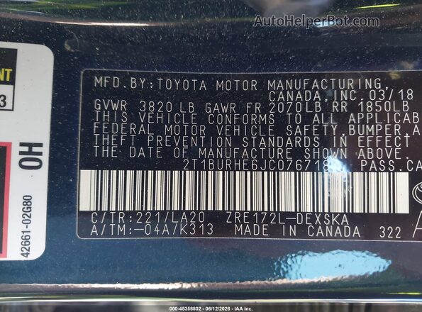 2T1BURHE6JC076718 2018 TOYOTA COROLLA Black ძრავის განყოფილების ხედი