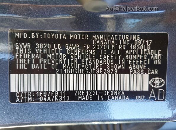 2T1BURHE6JC982979 2018 TOYOTA COROLLA Gray 