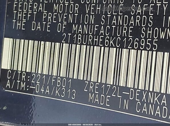 2T1BURHE6KC126955 2019 TOYOTA COROLLA Black ძრავის განყოფილების ხედი