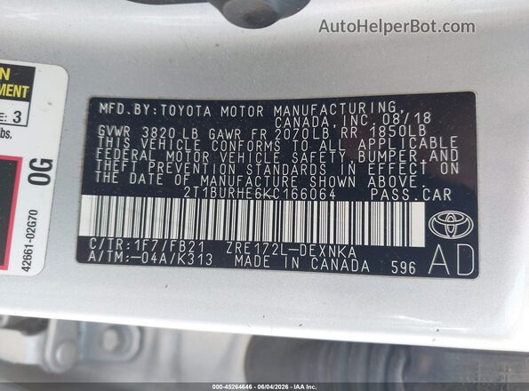 2T1BURHE6KC166064 2019 TOYOTA COROLLA White Vista del compartimento del motor