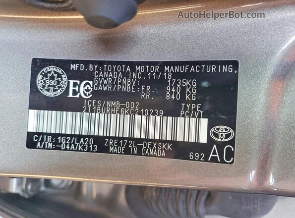 2T1BURHE6KC210239 2019 TOYOTA COROLLA Brown 
