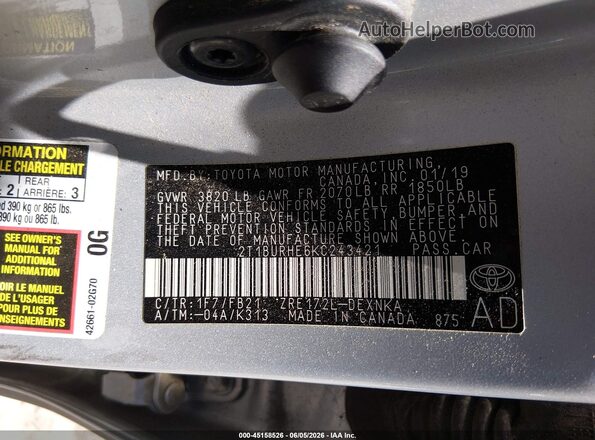 2T1BURHE6KC243421 2019 TOYOTA COROLLA Silver ძრავის განყოფილების ხედი