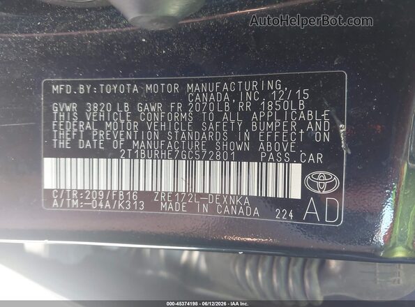 2T1BURHE7GC572801 2016 TOYOTA COROLLA Черный Вид подкапотного пространства