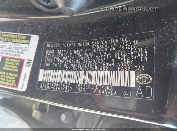 2T1BURHE7GC688662 2016 TOYOTA COROLLA Black ძრავის განყოფილების ხედი