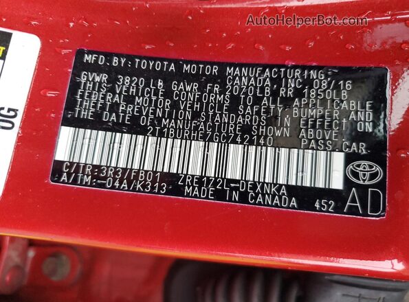 2T1BURHE7GC742140 2016 TOYOTA COROLLA Red Widok komory silnika