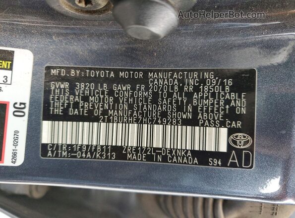 2T1BURHE7HC749283 2017 TOYOTA COROLLA Угольный Вид подкапотного пространства