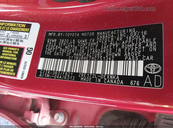 2T1BURHE7HC751342 2017 TOYOTA COROLLA Red Engine compartment view